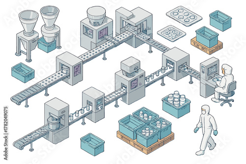 Isometric diagram of automated pharmaceutical manufacturing process with machinery and workers in clean suits