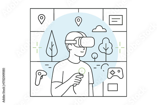 Young person exploring digital environment using virtual reality headset and controller