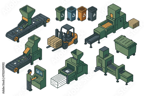 Isometric recycling factory equipment set with conveyor belts, balers, sorting machines, and forklift