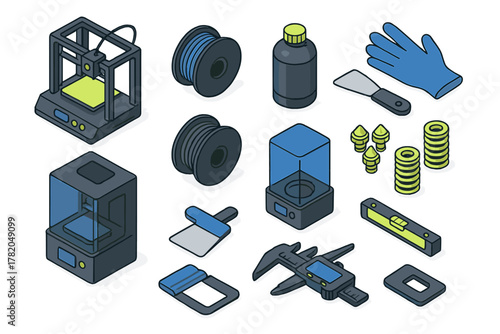 Isometric 3D printing equipment icons including FDM and resin printers, filament, nozzles, and calipers