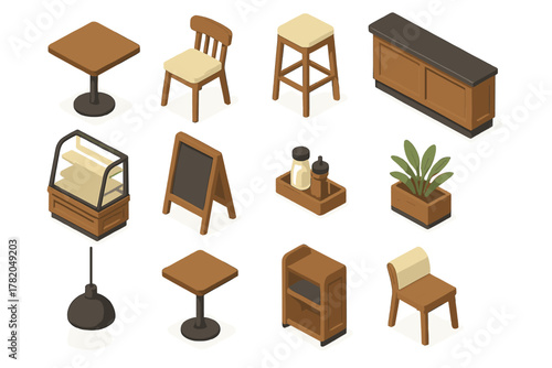 Collection of isometric wooden furniture and accessories for coffee shops and restaurant interiors