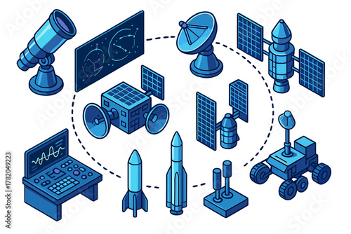 Isometric set of space exploration equipment: satellites, rockets, telescope, and planetary rover