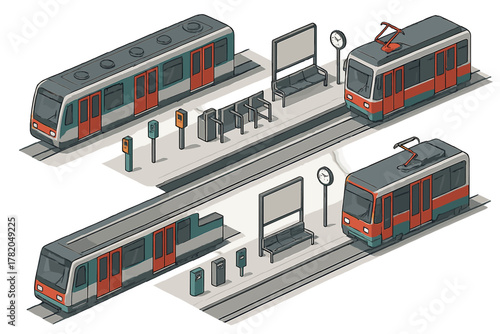 Isometric layout of a modern public transport station with trains, trams, platforms, and urban infrastructure