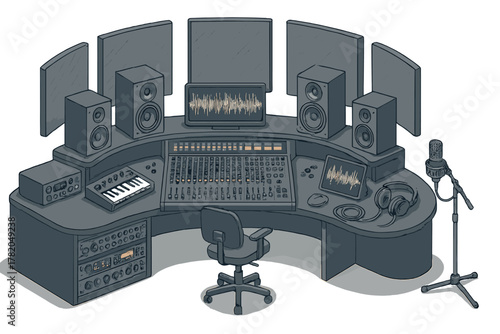 Professional sound recording studio control room desk setup with mixing console and monitors