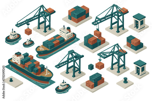 Isometric set of cargo ships, gantry cranes, and shipping containers representing global logistics and maritime trade operations