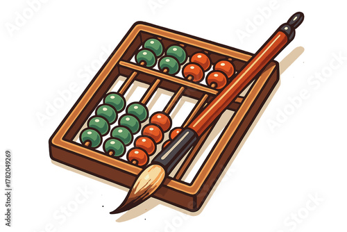 Traditional Chinese abacus and calligraphy brush for ancient calculation and art