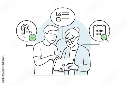 Young man helping senior woman with digital task management on a mobile tablet device