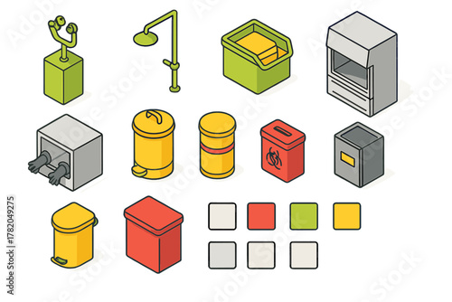 Isometric icons set of industrial safety equipment and waste disposal containers