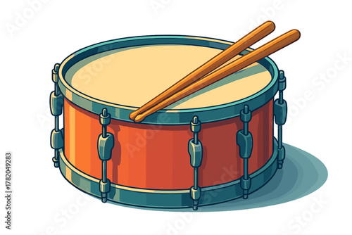Retro style percussion instrument red snare drum with wooden sticks isolated on white