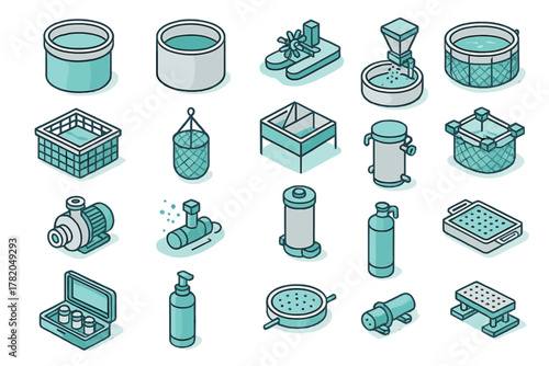 Isometric aquaculture and fish farming equipment icons including tanks pumps nets and feeders