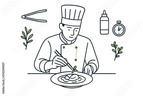 Professional chef garnishing a prepared dish with fresh herbs and cooking tools