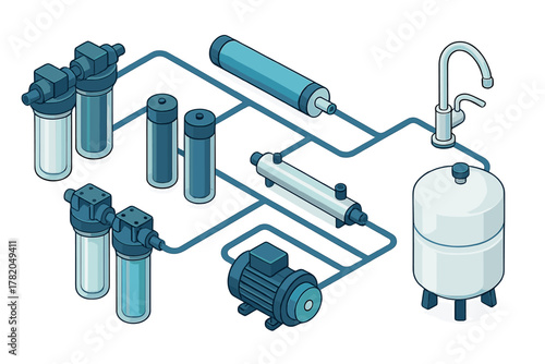 Complex residential reverse osmosis water purification and filtration system setup