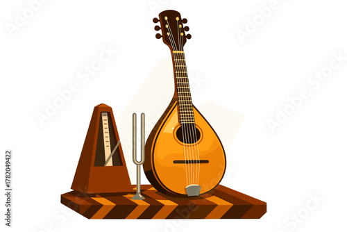 Classic wooden mandolin, metronome, and tuning fork used for music practice and rhythm training