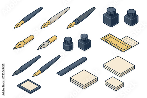 Isometric set of calligraphy and drafting tools including fountain pens, ink bottles, nibs, ruler, and paper stacks
