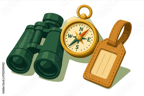 Essential travel equipment featuring binoculars, a navigation compass, and a leather luggage tag