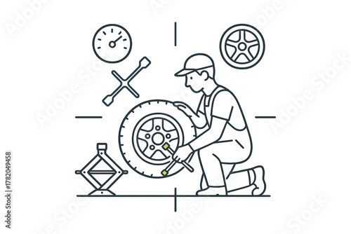 Auto mechanic kneeling down to change a flat tire using a lug wrench surrounded by essential repair tools and equipment