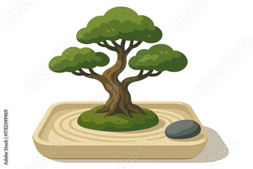 Stylized Japanese miniature zen garden featuring a bonsai tree and carefully raked sand patterns