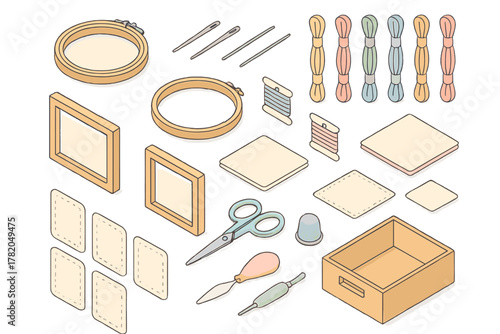 Isometric collection of embroidery and sewing craft supplies including hoops, thread, needles, and scissors