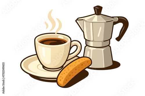 Hot coffee cup, traditional Italian moka pot, and biscotti cookie isolated on white
