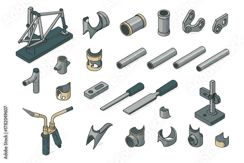 Isometric collection of metalworking tools, fabrication equipment, and mechanical assembly components
