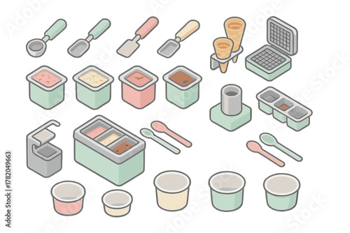 Isometric icons set of ice cream shop supplies including scoops, waffle cones, tubs, and serving cups
