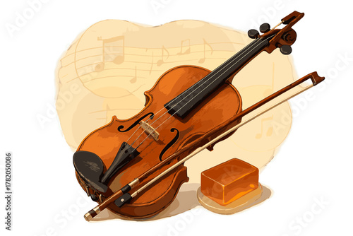 Classic wooden violin musical instrument with bow and rosin block on a white background