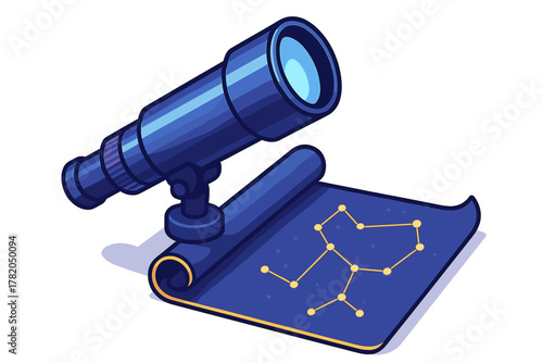 Telescope observing a celestial constellation map on a rolled scroll for astronomical research