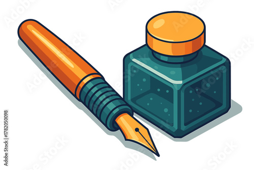 Traditional fountain pen and ink bottle in isometric view