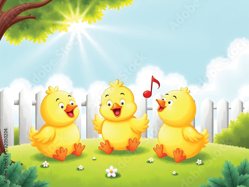 Photos Three Little Chicks Chirping Happily in Garden