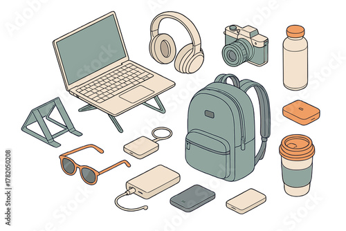 Collection of essential technology and personal gear for remote workers and travelers