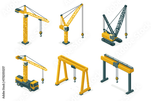 Isometric set of various heavy construction cranes and industrial lifting machinery