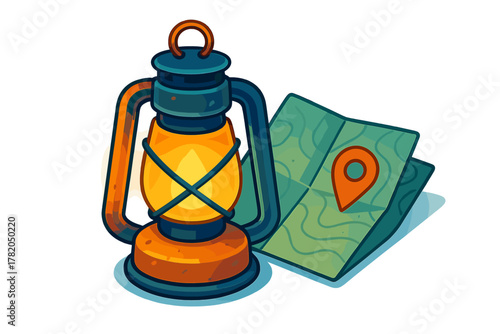 Vintage kerosene lantern and folded map with a location pin icon for outdoor adventure and travel navigation
