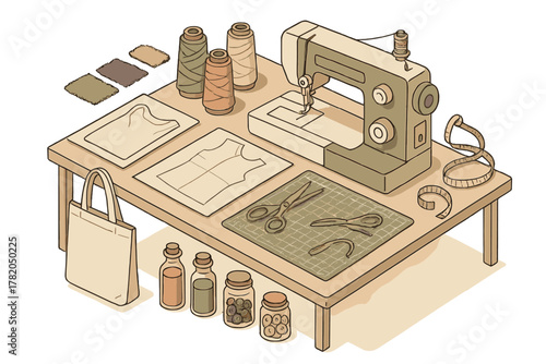 Tailoring and crafting workspace with sewing machine, thread spools, fabric, and cutting tools