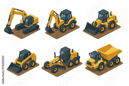 Yellow heavy construction vehicles and earth movers set in isometric view