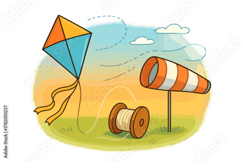 Colorful kite flying high in the sky next to an orange and white windsock indicating strong wind