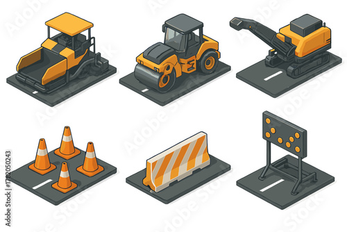 Heavy road construction vehicles set including asphalt paver steamroller excavator and safety barriers