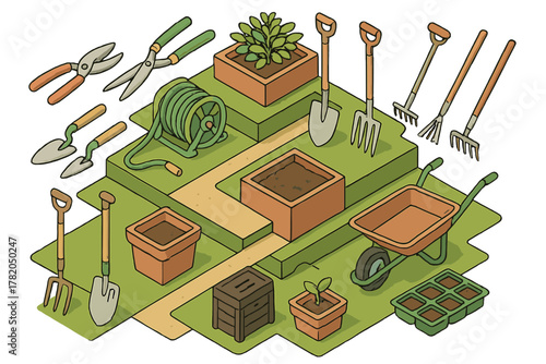 Essential gardening tools and planting supplies arranged on stepped green platforms in isometric view