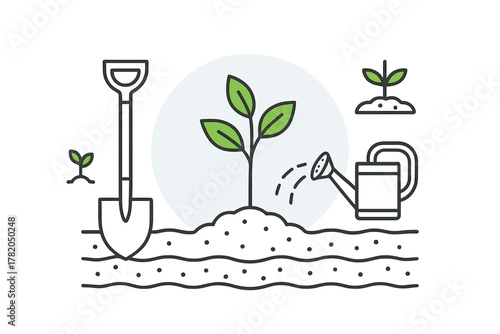 Gardening tools and young plant growing in soil with watering can sprinkling water for growth and care
