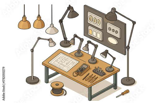 Professional workspace setup for lighting design featuring various lamps and electrical components