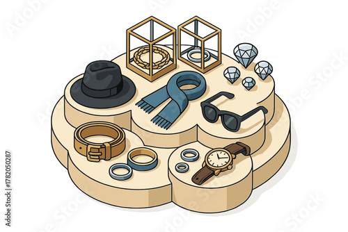 Assortment of high-end men's accessories and jewelry on a tiered retail display stand
