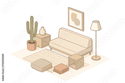 Cozy minimalist living room interior design with sofa, cactus plant, and floor lamp in isometric view