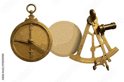 Vintage brass astrolabe and sextant, historical astronomical instruments used for navigation and mapping