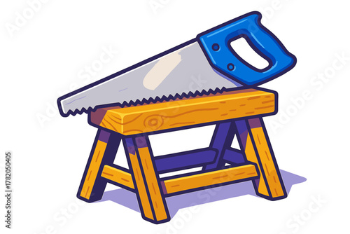 Traditional carpenter handsaw resting on a sturdy wooden sawhorse for construction and repair