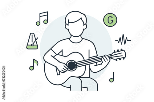 Person practicing acoustic guitar surrounded by musical notes and learning symbols