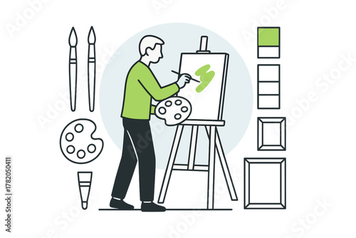 Creative person painting artwork on an easel using a brush and color palette