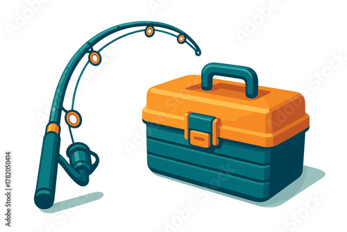 Fishing rod and reel leaning on a colorful plastic tackle box isolated on white