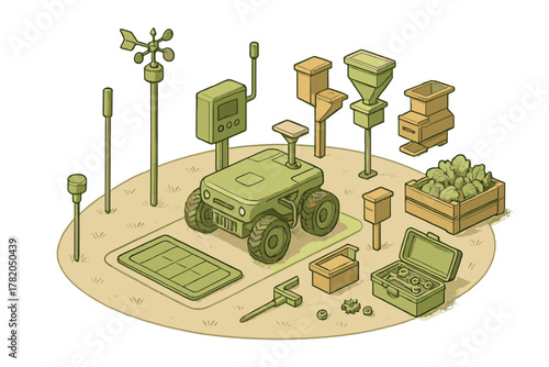 Smart agriculture technology set with autonomous robot, sensors, and farming equipment