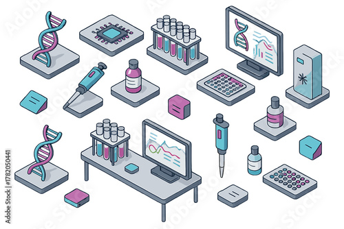 Modern laboratory equipment and genetic engineering tools in an isometric layout