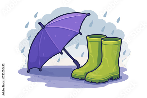 Vibrant purple umbrella leaning next to bright green rubber boots in a puddle