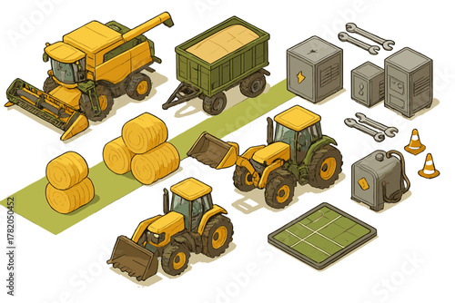 Isometric set of agricultural machinery, farming equipment, and harvest elements for farm production